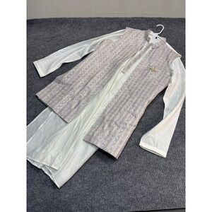 Mens Indian Kurta Pajama Set with Sequin Embroidered Nehru Vest Cream Size 42